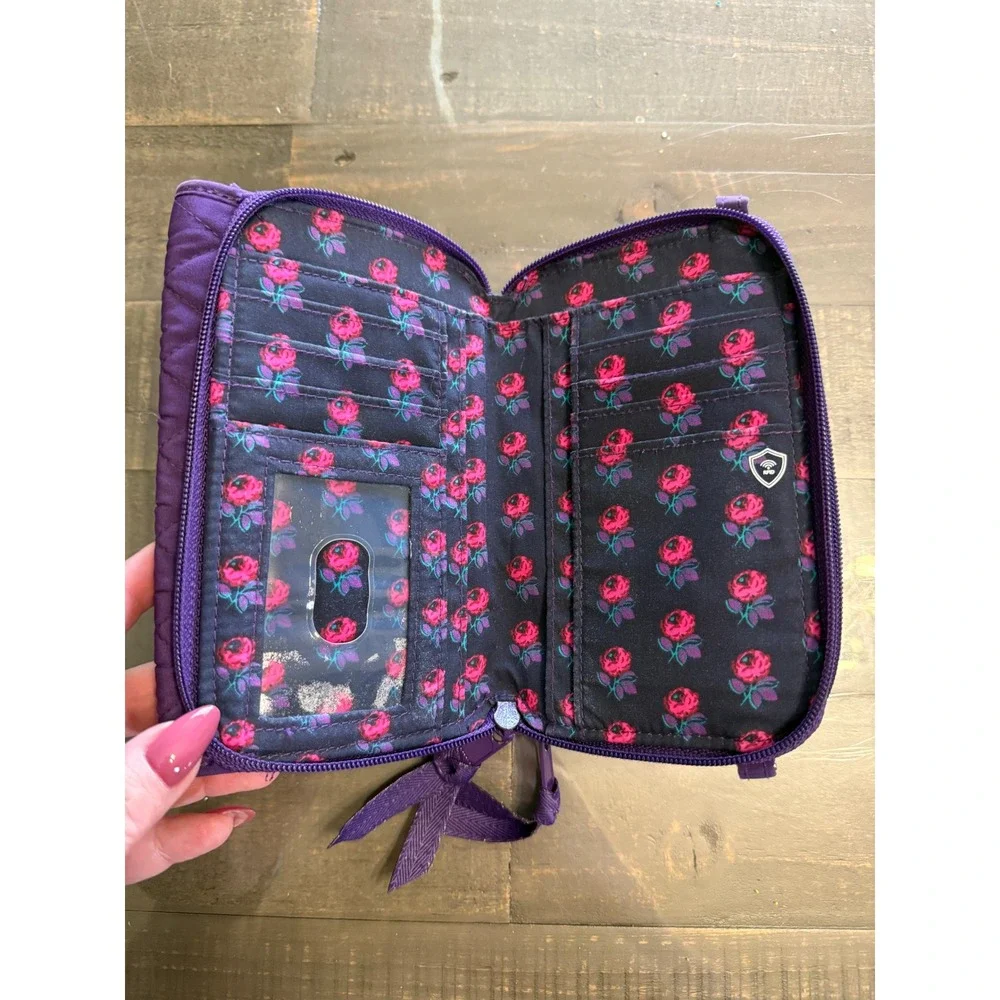 Vera Bradley Purple Quilted Microfiber RFID Crossbody Wallet Bag Rose Interior - Picture 4 of 5